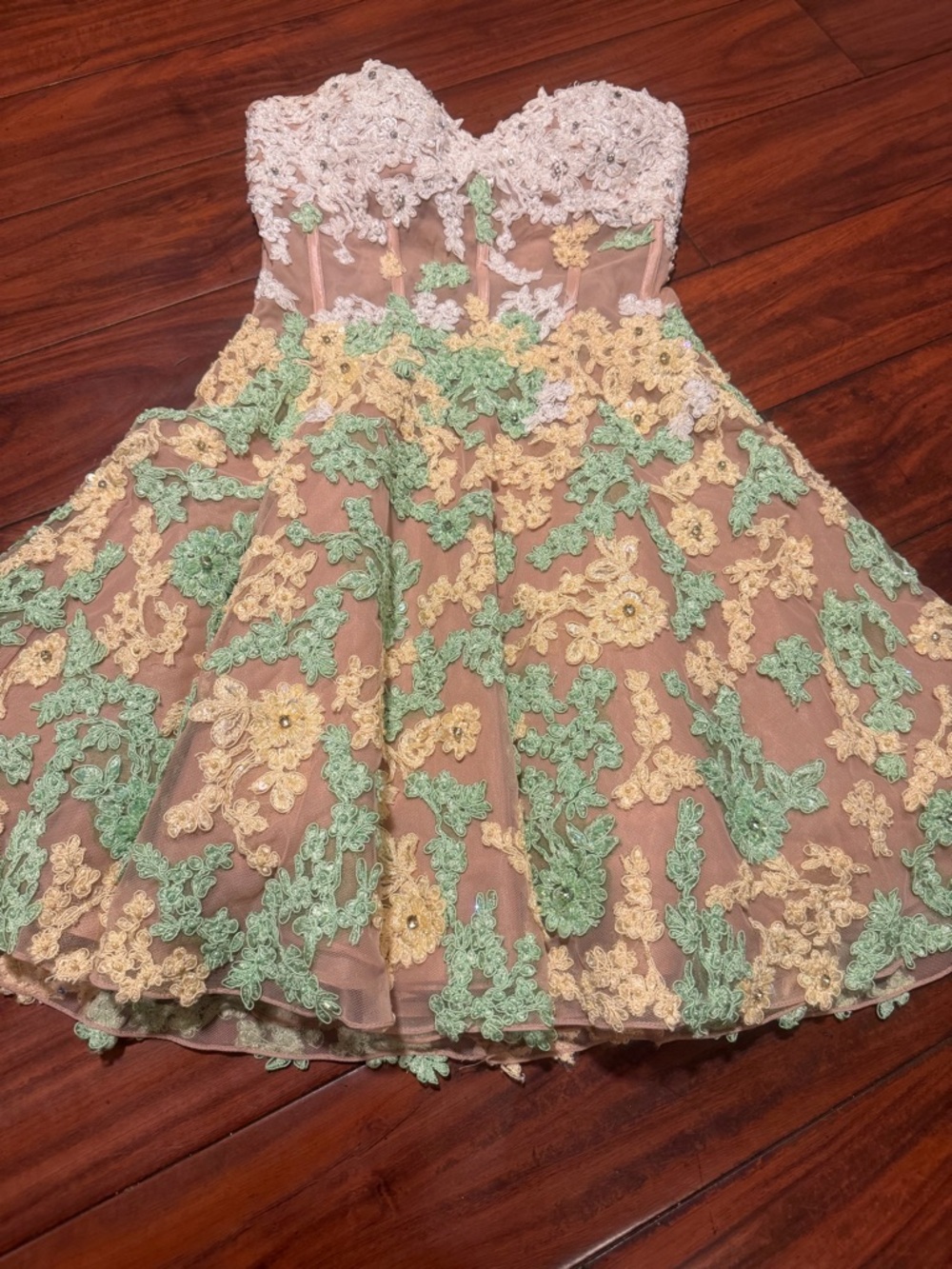 Sherri Hill Strapless Floral Appliqué Cocktail Dress in Blush, Yellow & Mint - Picture 5 of 15